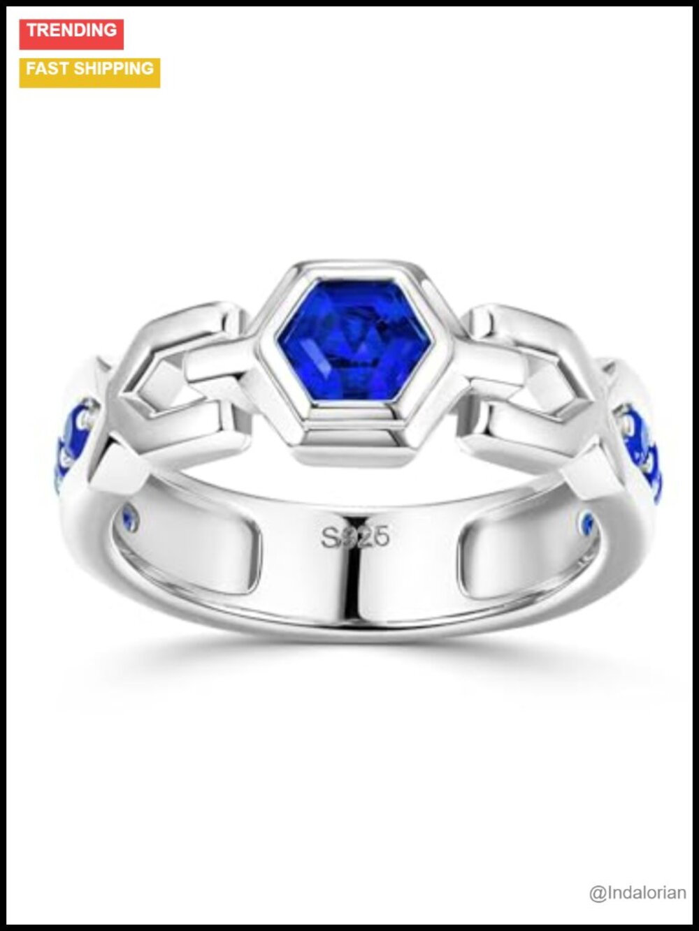 Sterling Silver Sapphire Hexagon Ring 5.5mm Wide Band Bezel Set